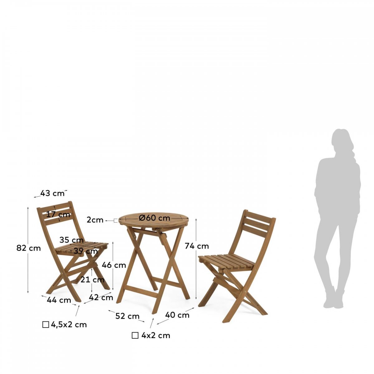 Keihome Linea J: Set Elisia tavolo e 2 sedie pieghevoli da esterno in legno  Keihome Linea J
